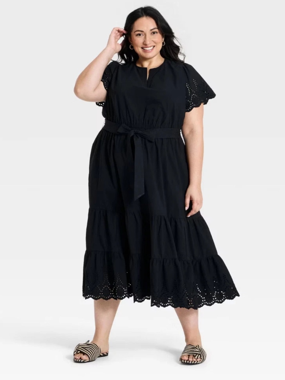 Ava & Viv Black Eyelet Tiered Midi Dress with Tie Waist